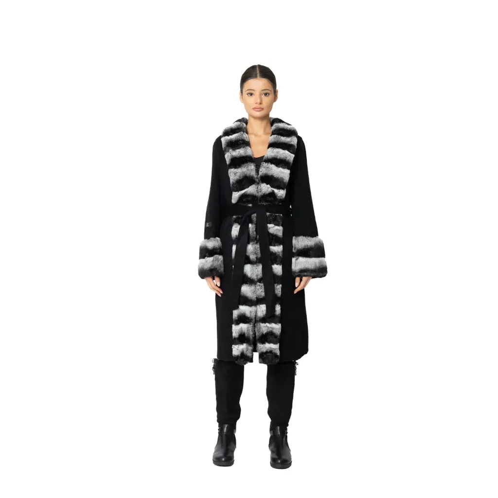 [8001512] كشمير وصوف مع فرو الارنب ( ركس ربت ) استايل الشنشلا الطول 100 cm (BLACK R, S)