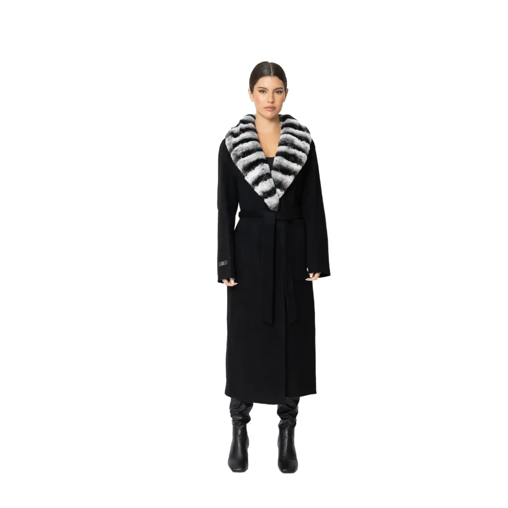 [8001532] Cashmere with Wool and Rex Rabbit Fur Collar – 115cm (BLACK R, S)