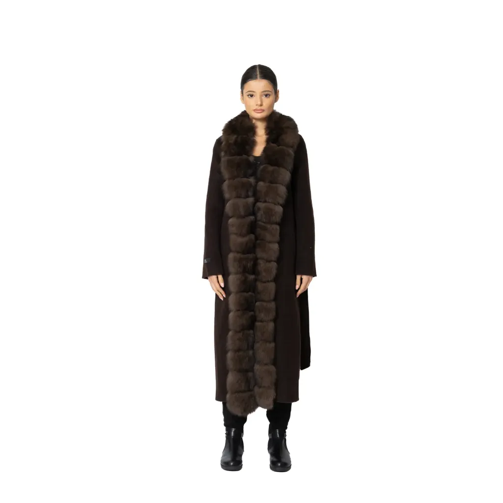 [6008001582] جاكيت كشمير وصوف مع فرو الثعلب الطول 115 cm (BROWN 1, S)