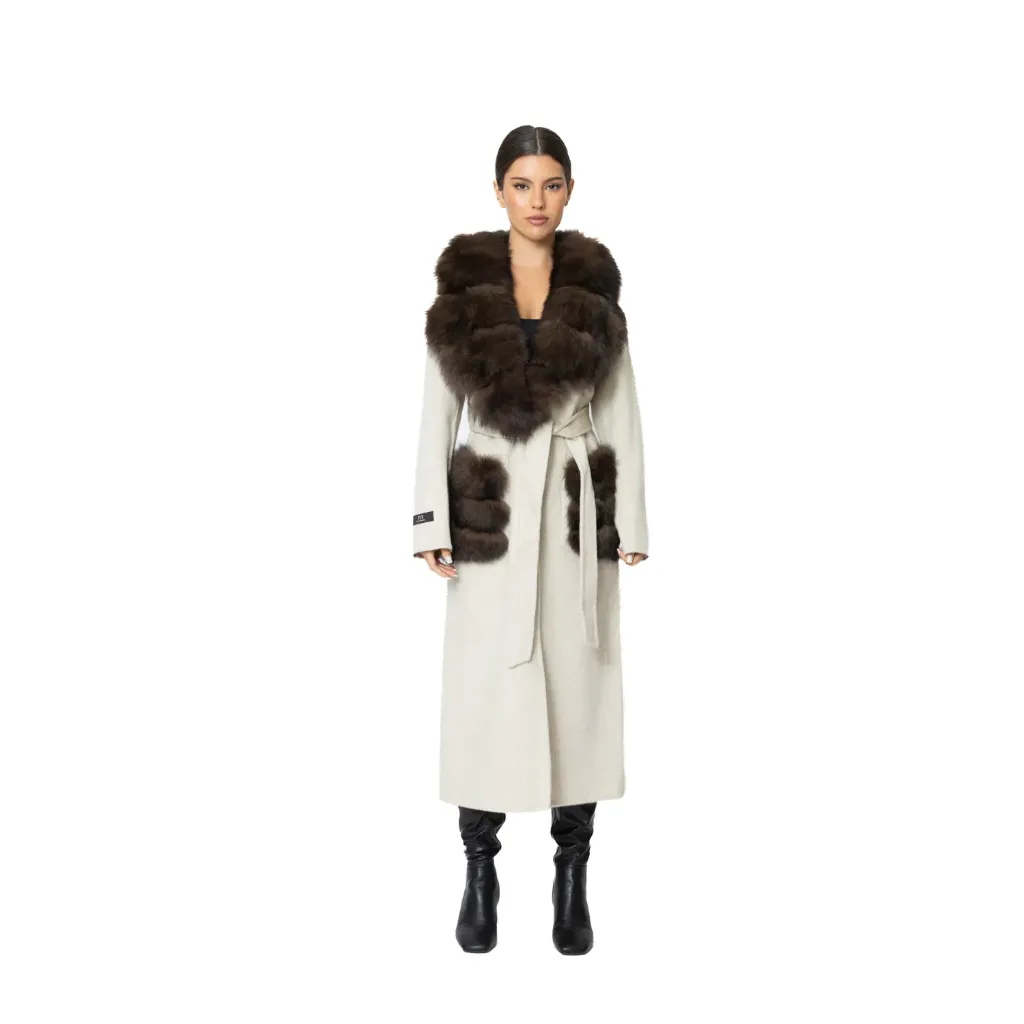 جاكيت كشمير وصوف مع فرو الثعلب الطول 115 cm