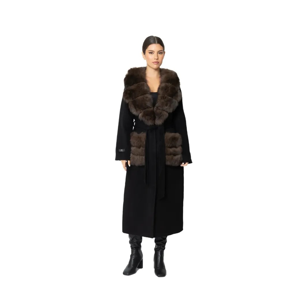 جاكيت كشمير وصوف مع فرو الثعلب الطول 115 cm