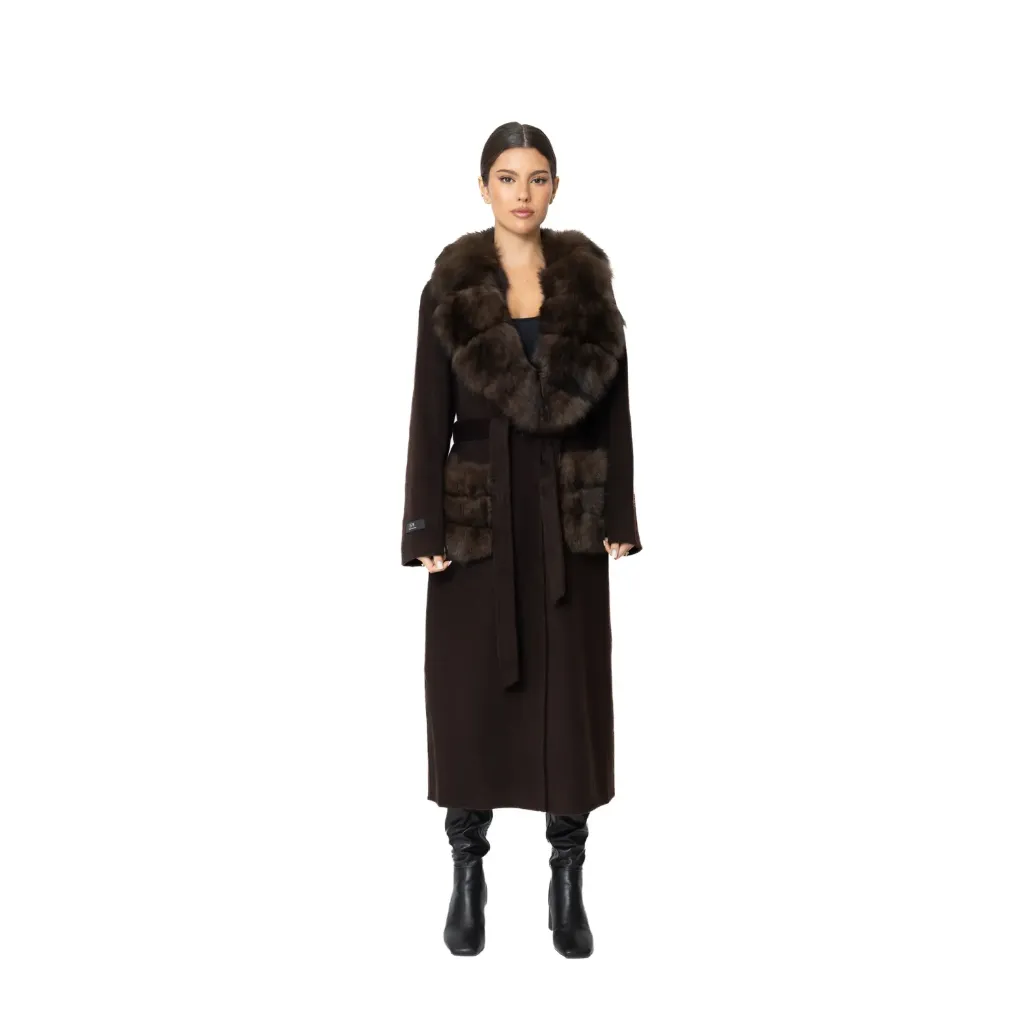 [6008001622] Cashmere with Wool and Fox Fur - Wide Collar & Pocket – 115 cm (BROWN 1, S)