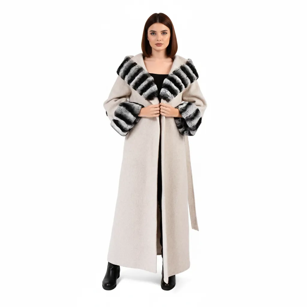 Cashmere with Wool and Rex Rabbit Fur Hood 138cm