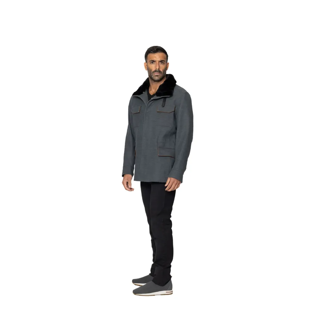 Fabric Jacket With Cotton Lining And Fur Rex Rabbit With High Neck - 026 (GRAY-026, S)