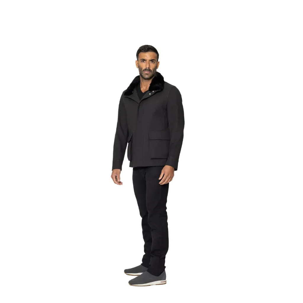 Fabric Jacket With Cotton Lining and High Neck With Rex Rabbit  - 022 (DARK GRAY-022, XS)